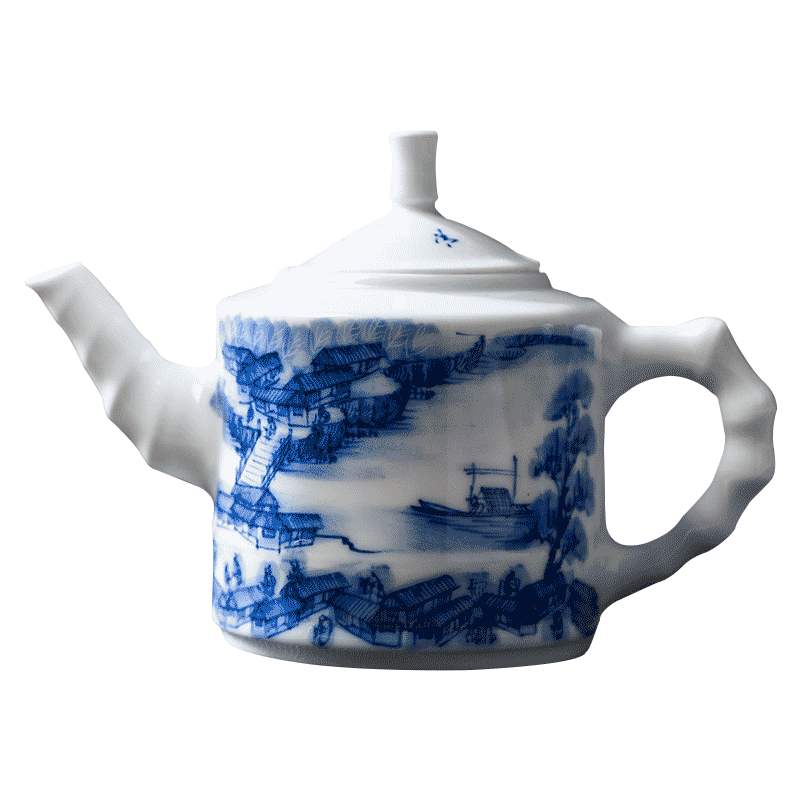 Jingdezhen ceramic hand - made kung fu tea set of blue and white porcelain teapot single pot of pu 'er tea tea, the hollow handle