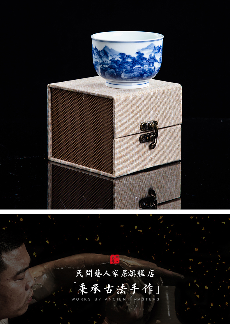 Blue and white cup masters cup of jingdezhen ceramic tea set large sample tea cup inside and outside the painting landscape manual single CPU