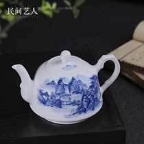 Folk artist hand painted after the rain Chunshan blue and white porcelain teapot Jingdezhen ceramic Gongfu tea set large tea single pot