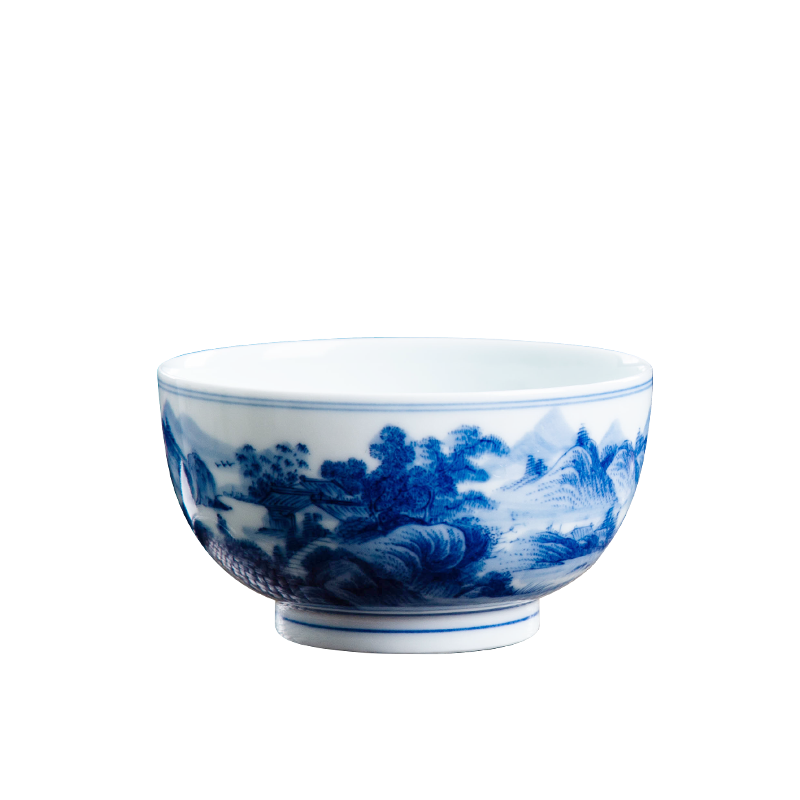 Blue and white cup masters cup of jingdezhen ceramic tea set large sample tea cup inside and outside the painting landscape manual single CPU