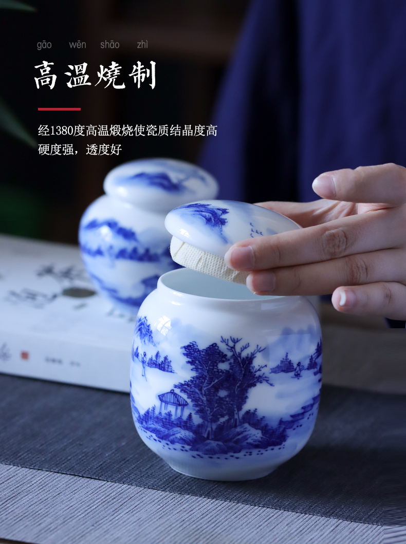 Jingdezhen blue and white landscape hand - made Chinese style restoring ancient ways seal save tea caddy fixings size box of tea