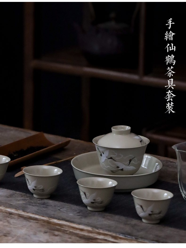 Jingdezhen plant ash hand - made ceramic tea set household contracted kung fu the crane tureen hot tea bowl