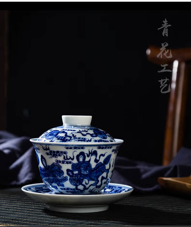 Jingdezhen checking ceramic tureen large kung fu tea tea, blue three worship cup heavy industry to use