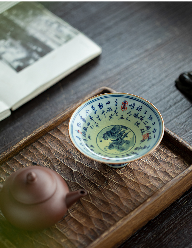 Jingdezhen blue and white landscape ceramic seven poems perfectly playable cup bowl of tea master cup single cup clay cup with triangle flowers pattern circle kunfu tea