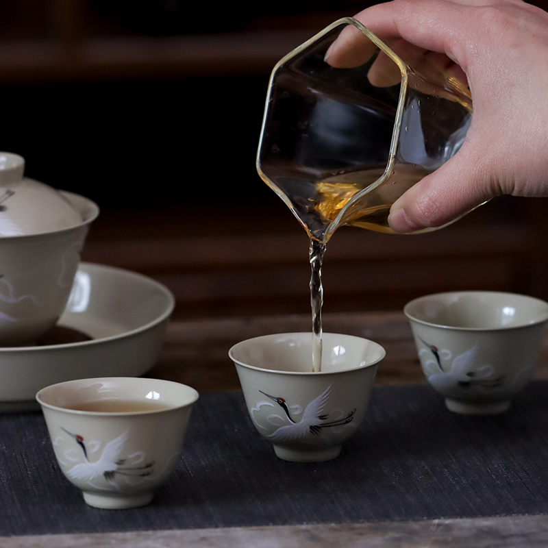 Jingdezhen plant ash hand - made ceramic tea set household contracted kung fu the crane tureen hot tea bowl