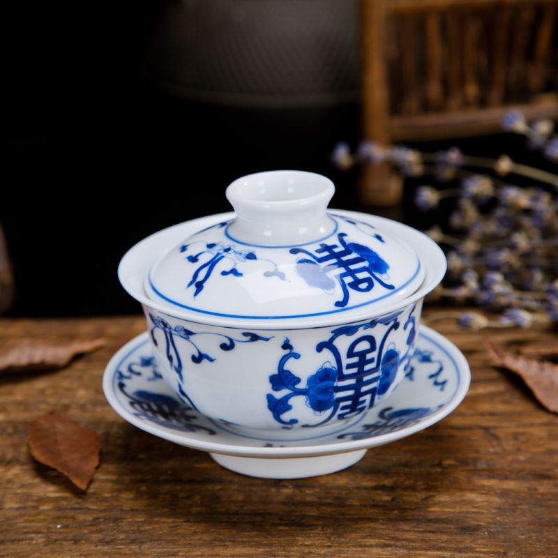 Jingdezhen ceramic hand - made porcelain only three tureen under glaze color kung fu tea tea hand grasp bowl to bowl