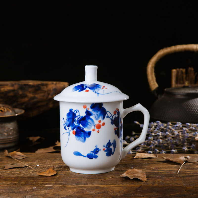 Jingdezhen ceramic hand - made porcelain tea cups with cover office cup tea cup tea cup cup large meeting