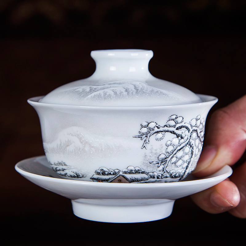 Jingdezhen tureen hand - made ceramic tea set manually pastel snow only three bowl of kung fu tubas catch a bowl of tea cups