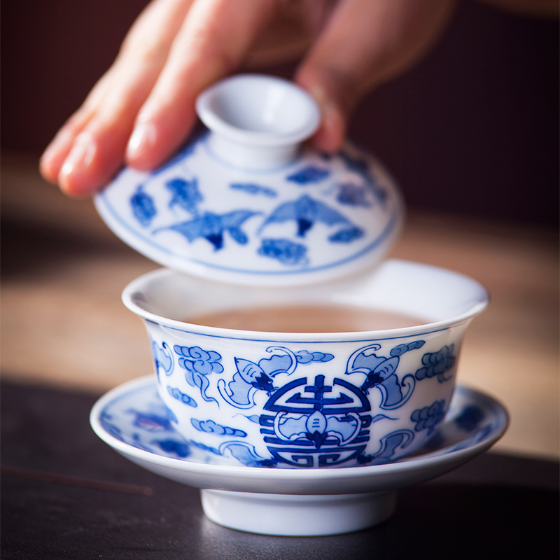 Jingdezhen ceramic checking kung fu tea set to household hand - made of blue and white porcelain cups Wan Fusan tureen tea cups
