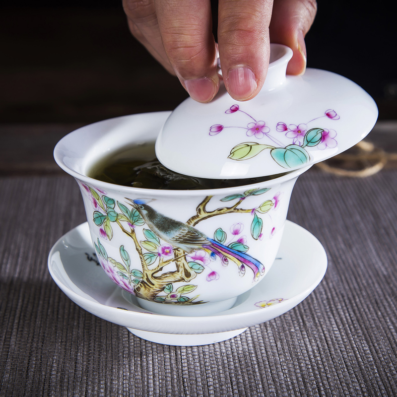 Jingdezhen ceramic hand - made pastel tureen kung fu tea set finger bowl of tea cups and three cups to use