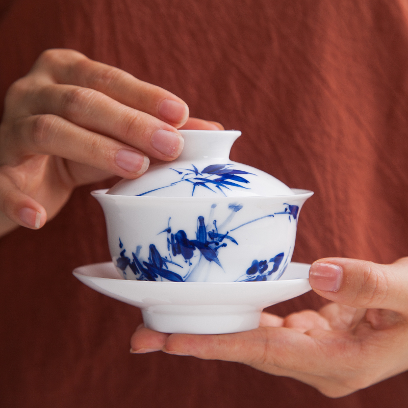 Jingdezhen kung fu tea set manual hand - made bamboo blue - and - white ceramics tureen tea set three packages mailed to bowl of tea bowl