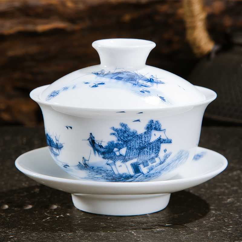 Jingdezhen ceramic tureen kung fu tea tea cups three bowl of blue and white worship hand grasp bowl is small cups