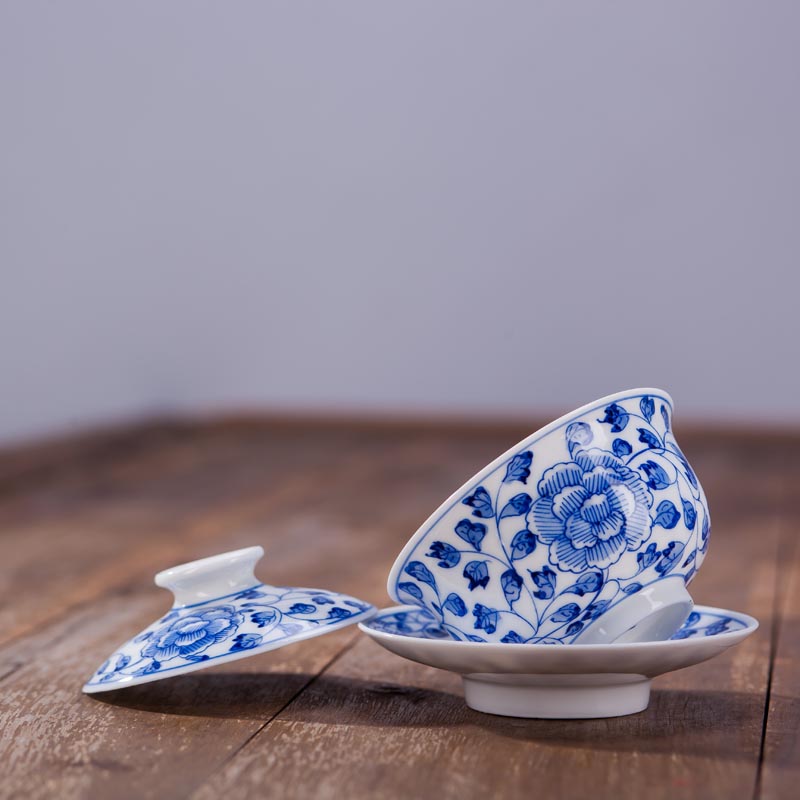 Jingdezhen ceramic hand - made archaize peony tureen kung fu tea cups three of the bowl bowl to bowl a finger bowl