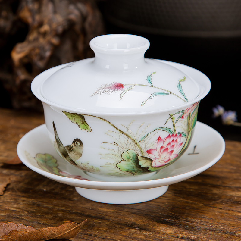 Jingdezhen ceramic kung fu tea tea hand - made pastel three of the bowl bowl worship cups hot tureen tea cups