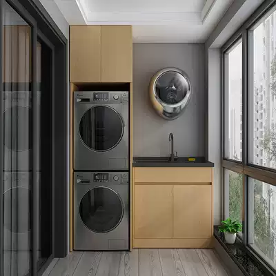 Balcony solid wood wardrobe combination alone Japanese small apartment rock with washboard wash basin customization