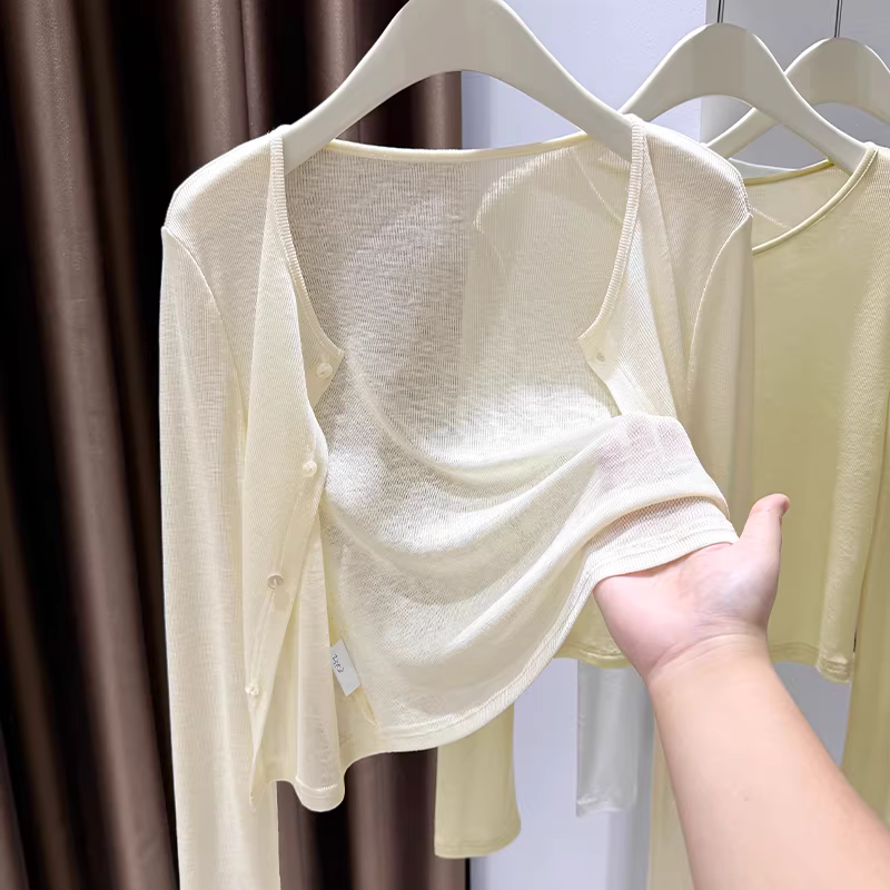 Sun Protection Clothing for Women, Cardigan, Long-Sleeved Thin Coat, Knitted Shawl, Summer Matching with Suspender Skirt, Short Cover-Up
