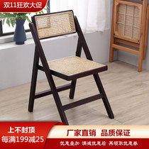 Nordic solid wood rattan dining chair medieval double armrest folding chair simple single hotel restaurant backrest rattan chair