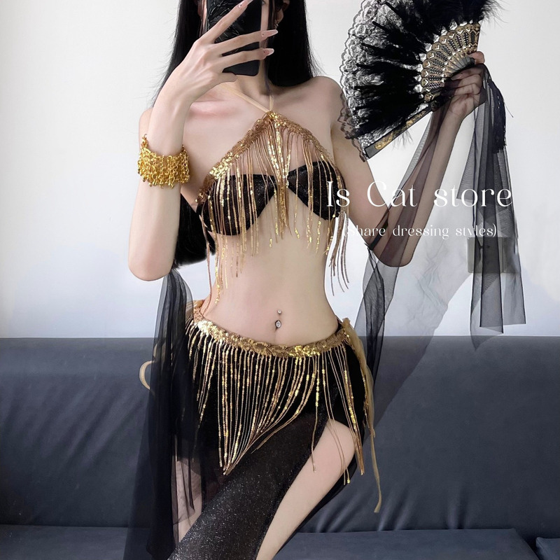 Is Cat: Exotic Dancer Sexy Tassel Sequin Slit Lace-Up Skirt Bellyband Fine Glitter Soft Gauze Uniform Set