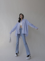 surblue new early autumn 2021 striped stitching shirt women loose light blue long sleeve jacket