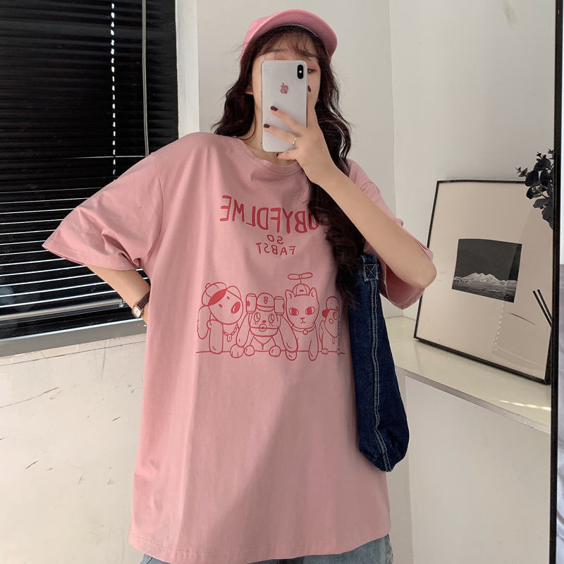 Real photo 2021 new summer college wind cartoon loose medium length top short sleeve t-shirt female