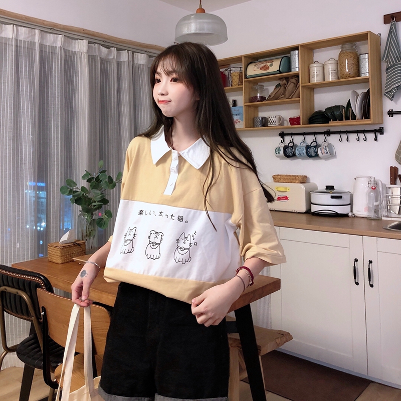 2020 Girls's T-shirts Tops Japanese Kawaii Ulzzang Lazy Faculty Cat Print Free T-shirt Feminine Korean Harajuku Garments For Girls 17 O1CN01O8jivL2GYsGcUedHO !!2853469028
