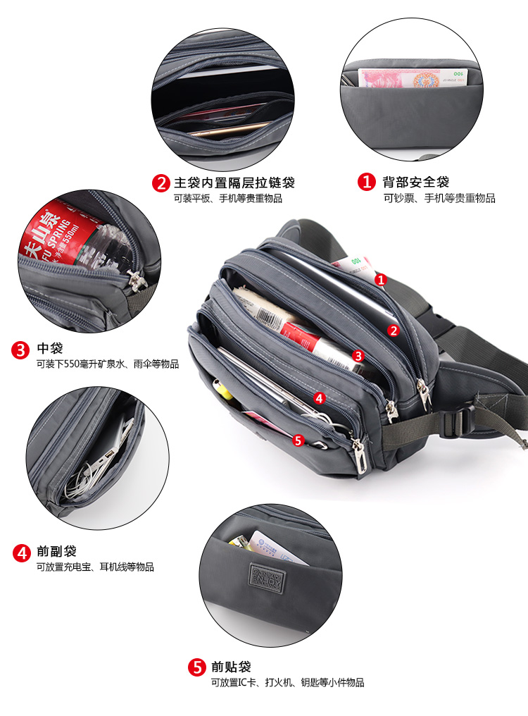 Pocket nam đa chức năng thực tế chống thấm nước phụ nữ nhiều lớp thể thao công suất lớn du lịch túi chéo ngực kinh doanh tiền mặt đăng ký tiền túi đeo hông dã ngoại