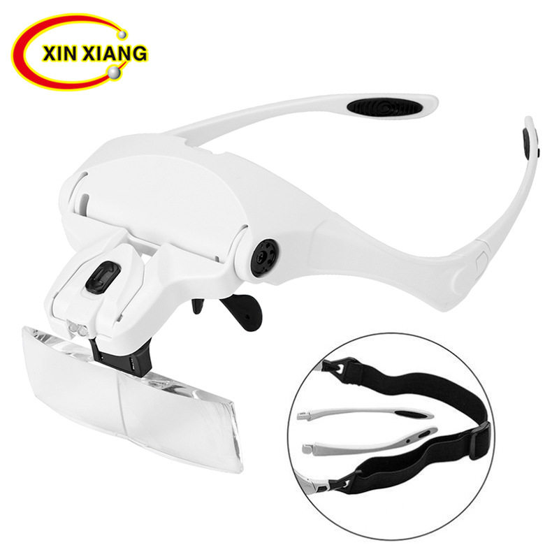 Foreign Trade Factory Direct sales 5 pieces of lenses Double LED light glasses White Wearing Magnifier 5 Magnification B1