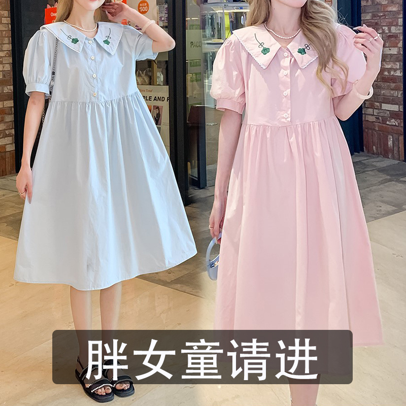 Plus-Size Girls' School-Style Puff Sleeve Dress with Sweet Embroidered Doll Collar and Waist-Cinching Mid-Length Skirt