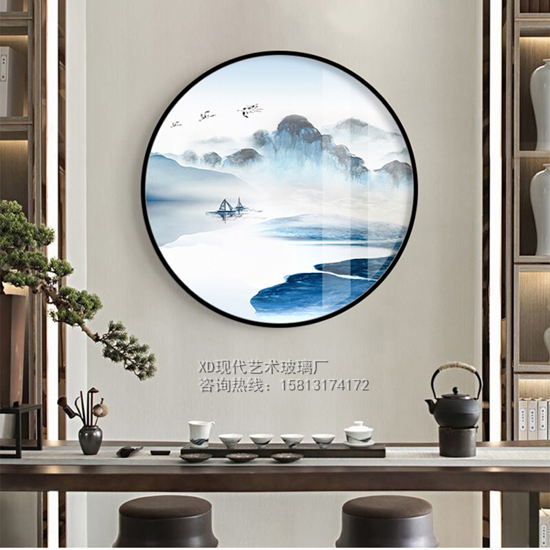 New Chinese high-end living room screen bedroom decorated round porch background wall wall waterworks hanging art glass customization