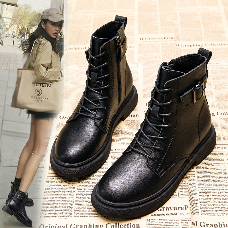 Inside heightening Martin boots female Inn Wind 2021 new autumn and winter 100 lap net red locomotive boots genuine leather black short boots woman