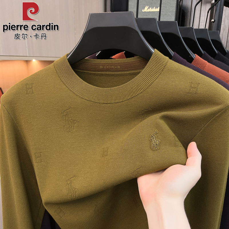 Pierre Cardin High-End Men's Round-Neck Sweater, Autumn and Winter Knitwear, Jacquard Casual Wool Base Shirt, Trendy Top