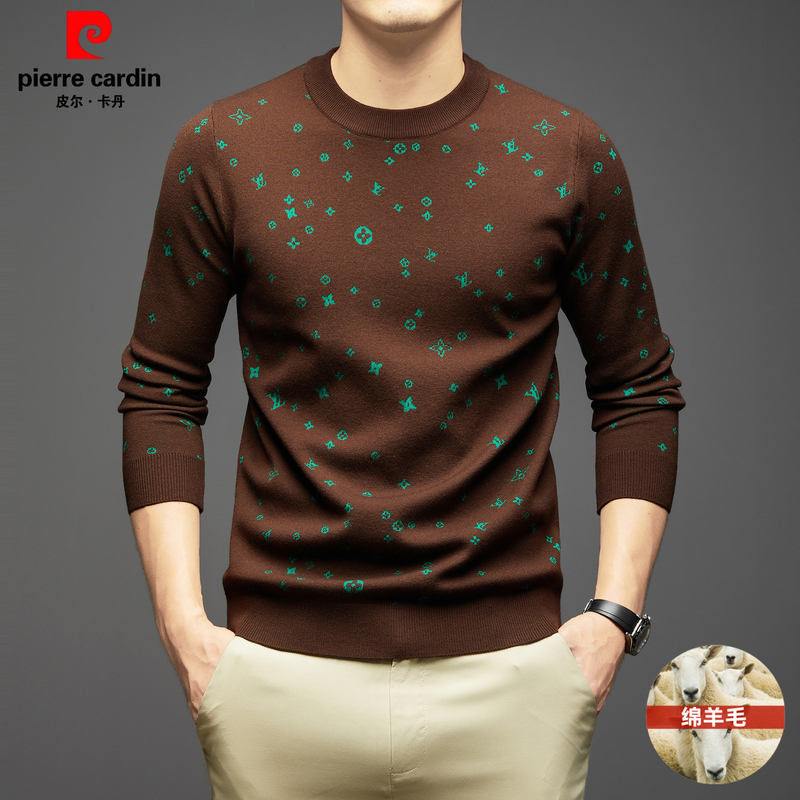 Pierre Cardin Men's Sweater, Round Neck, Fashionable Jacquard Wool Sweater for Young and Middle-Aged Men, Thickened and Warm, Knitted Base Layer, Trendy