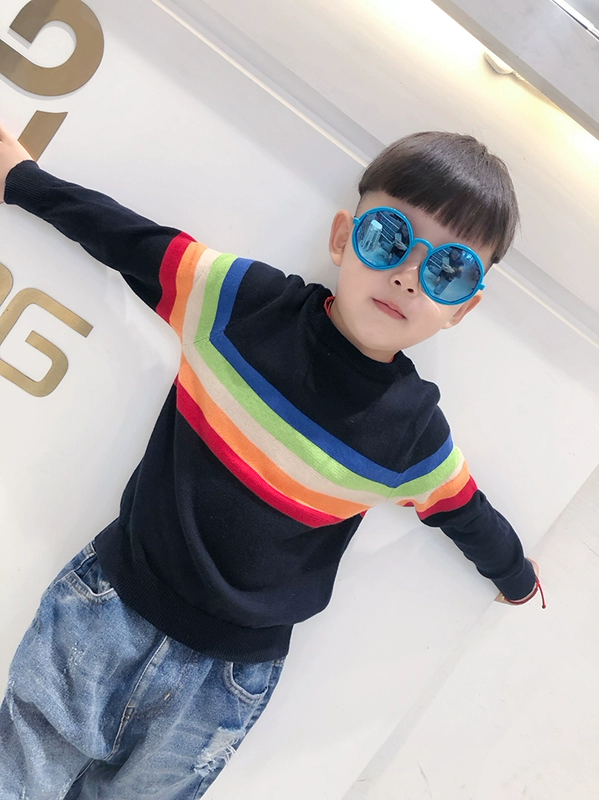 Phụ huynh-trẻ em 2018 xuân hè mới ba vòng cotton dài tay cổ tròn và áo len nhung sọc len cầu vồng