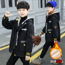 Boy plus velvet denim jacket winter thick hooded windbreaker cotton coat foreign-style childrens long warm windbreaker tide