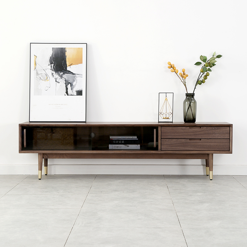 Floor TV cabinet coffee table combination walnut floor simple modern living room Nordic bedroom all solid wood small apartment