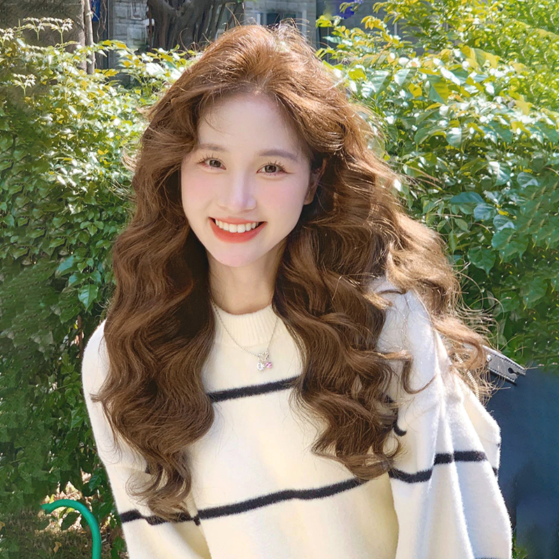 Long Lace Front Wig for Women, Natural Seamless Synthetic Hair, Warm Tea Brown Water Wave Parted Long Curly Wig Set