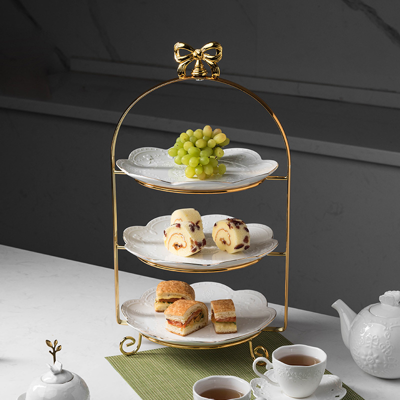 Suochu bow wedding birthday multi-layer wrought iron cake stand English afternoon tea three-layer dessert table fruit tray