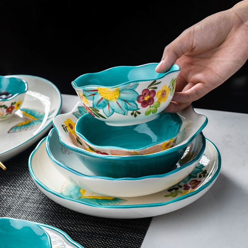 Suchefs European and American Ceramic Tableware American Fields Garden Hand-painted Butterfly Rice Bowls rice bowls Noodles Bowl Sweet soup bowls Dish Suit