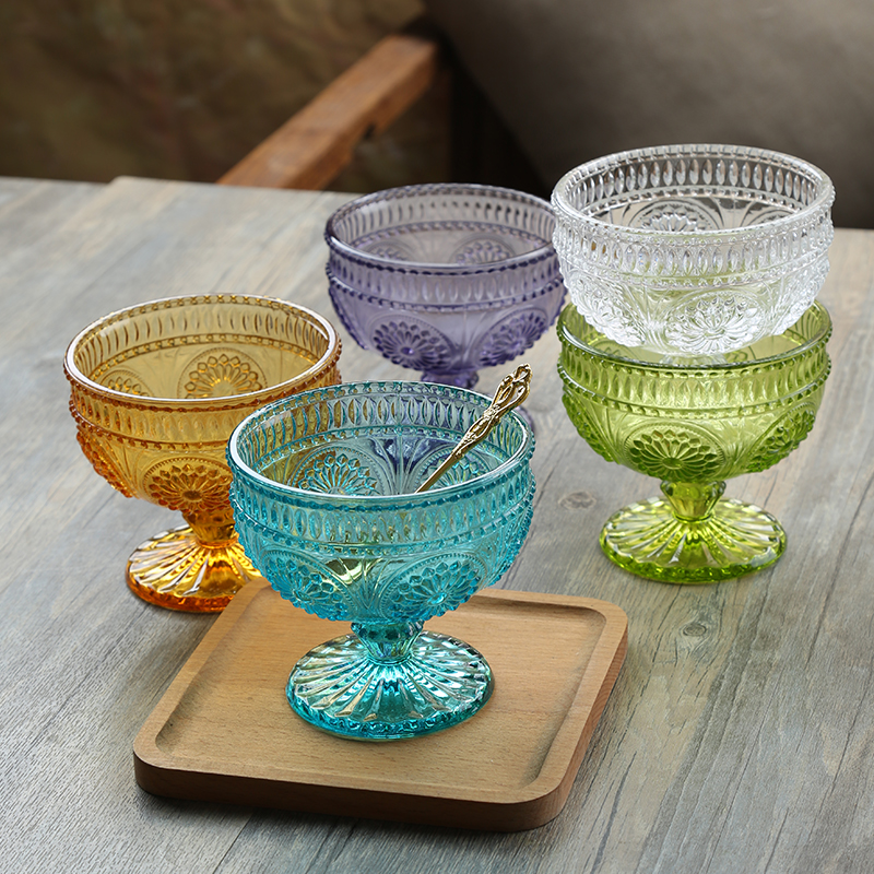 Sokitchen Retro Glass Ice Cream Cup Mesh Red Crystal Yogurt Bowl High Foot Dessert Cups Fruit Ice Cream