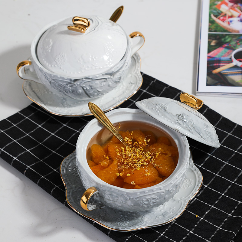 Sok Kitchen high-grade marble relief gold ceramic binaural bowl with lid Bird's nest Cup Dessert sugar tray set