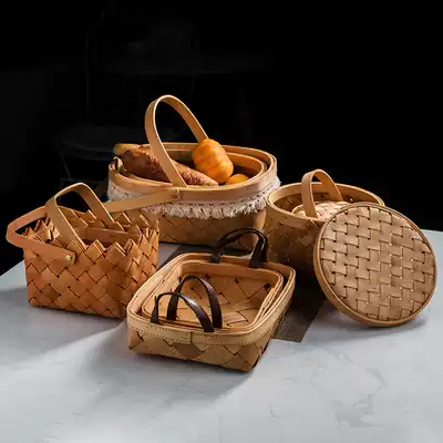 Sok kitchen Living room kitchen Hand-woven basket with lid Storage box Sundries Snacks Bread Fruit gift basket