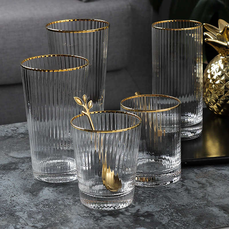Suochu ins wind golden edge vertical striped glass water cup Japanese striped household tea cup large capacity high value cup