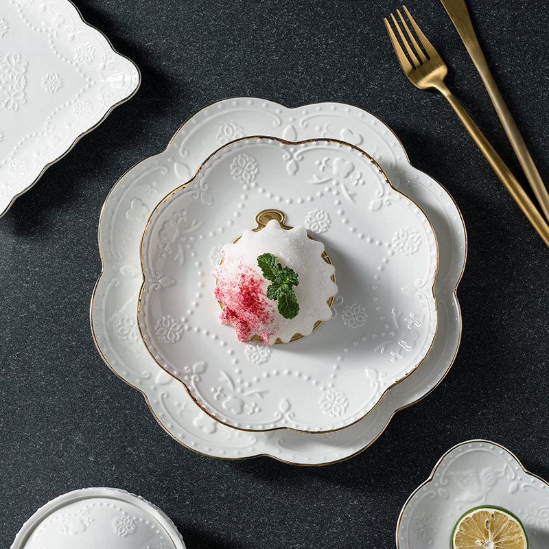 Suochu European-style white gilt plate ins wind lace dessert plate dessert plate relief ceramic tableware lace