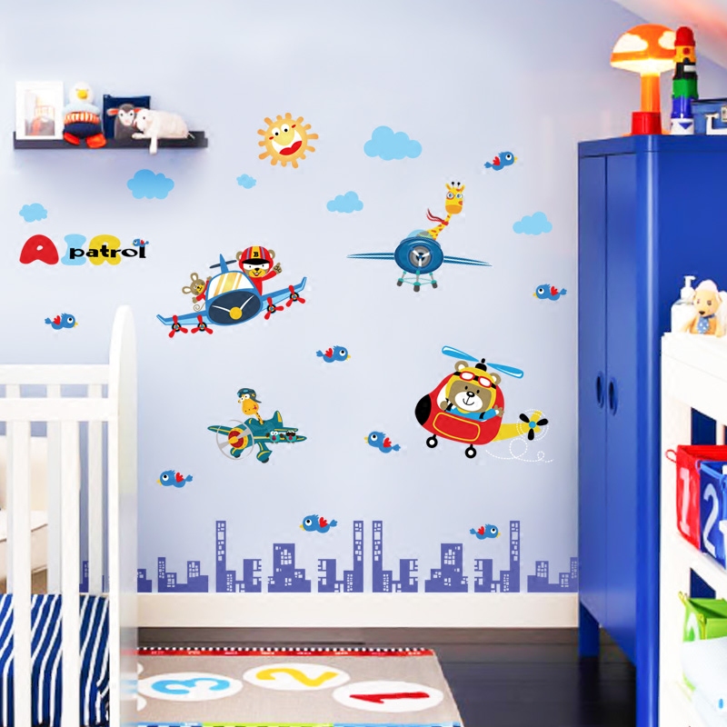 Cartoon animal pilot wall sticker boy bedroom children's room bed head cabinet door wall decoration plane sticker self-adhesive