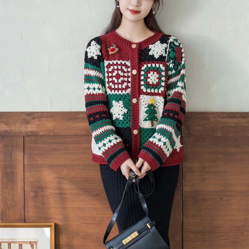 Sister Su Su's Four-Season Cardigan Handmade DIY Sweater Crochet Yarn 4-Strand Cotton Christmas Top LAOSHU Material Kit