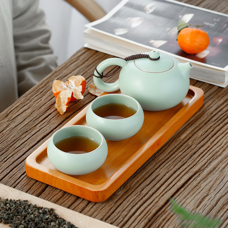 Ru Kiln Tea Set One Pot Of Two Cups Express Guest Cup Personal Tea Set Ice Cracked Teapot Tea Cup Solid Wood Trays Defied Ceramics-Taobao
