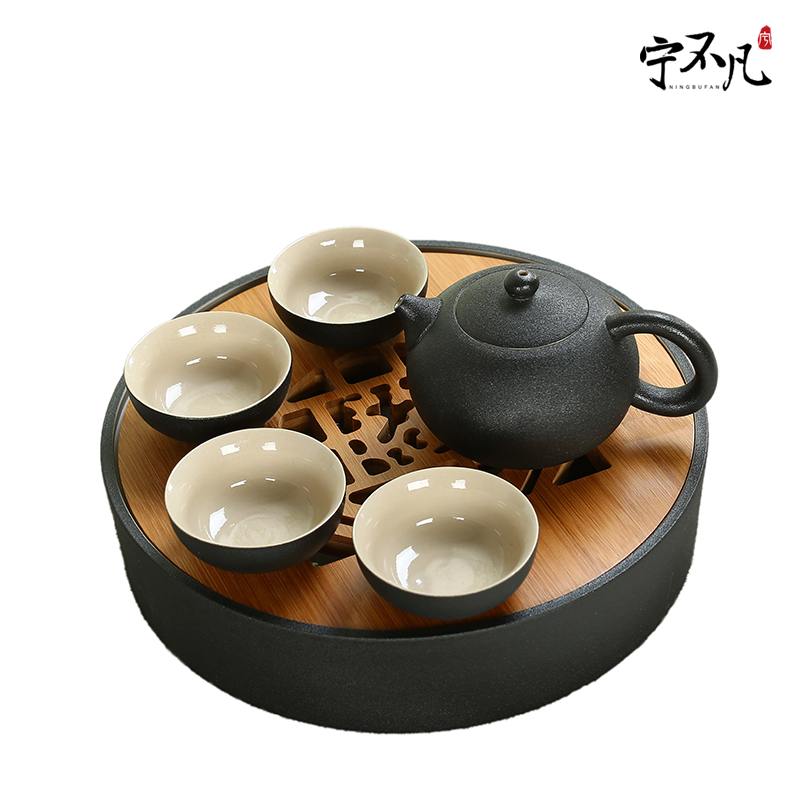 Rather uncommon black pottery tea set a pot of travel four cups of tea, black pottery glaze thick ceramic crack cup teapot tea tray