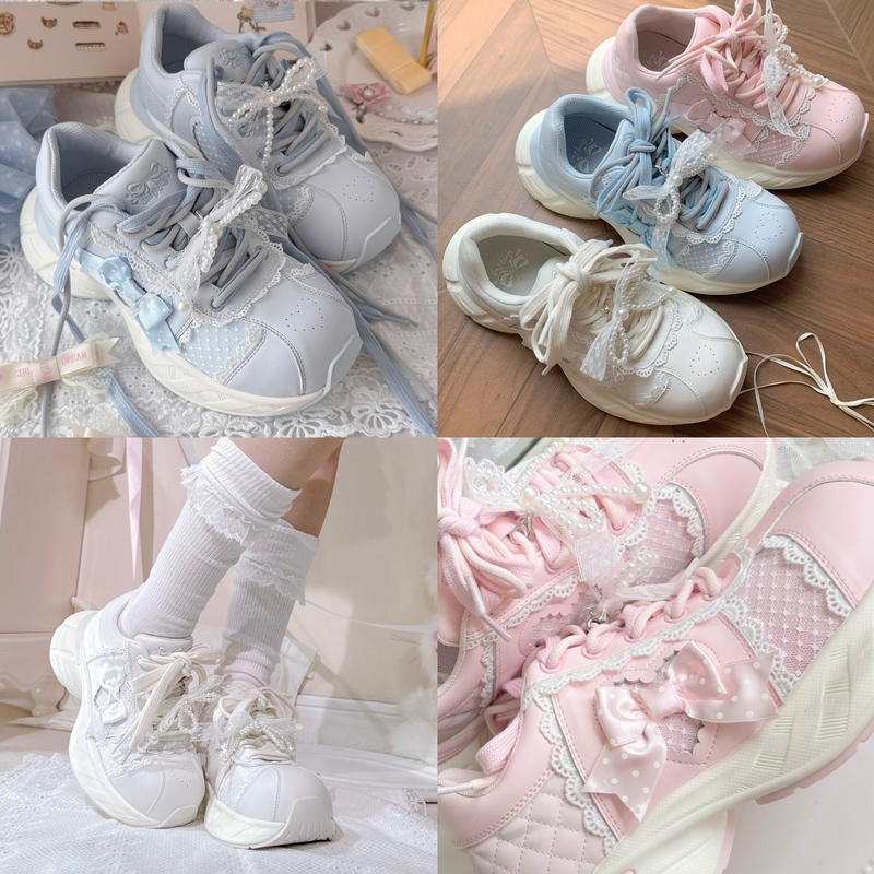 [in Stock] Lo Running Heart Knot Thick-Soled Sneakers Height-Increasing Dad Shoes Running Shoes Lace Lolita Niche Design