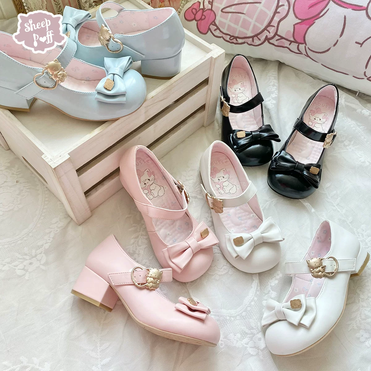 [Spot Six Group] mikko Hug Medium Low Heels Sheep Puff Lolita Co-list Shoes translated