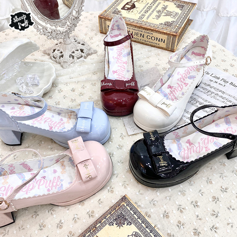 [in Stock] Youfulei Sheep Puff Lolita Elegant Bow Round-Toe High Heels Single Shoes